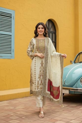 Image of Amazon Brand - Tavasya Womens Ethnic Motifs Embroidered Kurta Pant Set With Designer Long Dupatta