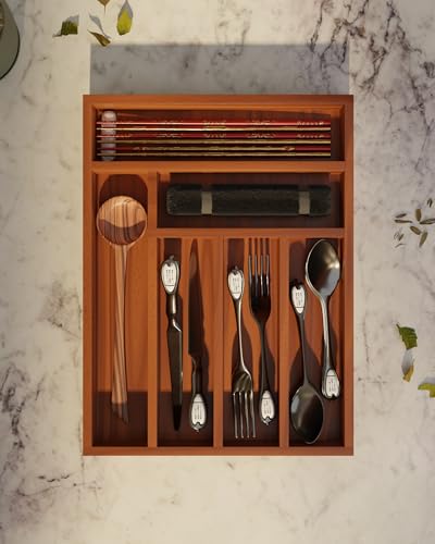 Image of Premium 6-Partition Cutlery Tray | 30x40 cm Brown Drawer Organizer | Multipurpose Flatware Holder for Spoons, Forks, Knives & Kitchen Utensils