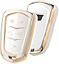 ELOHEI Key Fob Cover for Cadillac, Key Fob Case for 2015-2019 Cadillac Escalade CTS SRX XT5 ATS STS CT6 5-Buttons Premium Soft TPU 361 Degree Full Protection (Gold Edge White)