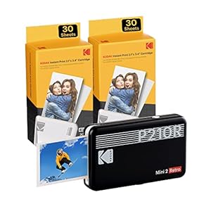 KODAK Mini 2 Retro 4PASS Mobiler Fotodrucker (5,3×8,6cm) – Paket met 68 Blatts, Schwarz