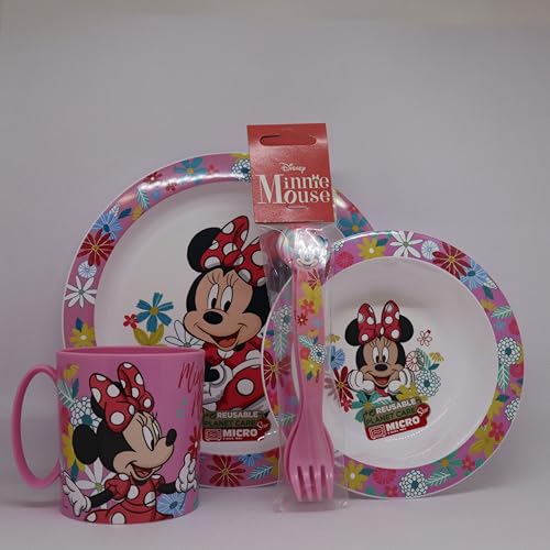 Sorrisini Vajilla Infantil Reutilizable apta para microondas, Juego de Platos Irrompibles de Plástico Para Niños, bebés, Set Plato Cuenco Para Cereal Cubiertos taza de 350ml Minnie