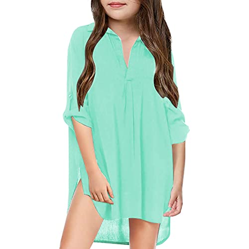 Girls Swim Cover Ups for Kids Swimsuit V Neck Chiffon Shirt Beach Coverups for Teen Girls Bathing Suits Solid Swimwear