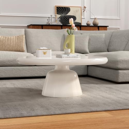 Mesa de centro ovalada tipo tambor acabado blanco crema en madera MDF premium 7