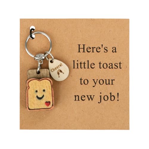 New Job Keychain Gift Good Luck Wood Toast Keyring Gifts with Bread Slice Pendant for Congratulations Coworker Teacher Retirement Woman For Beginnings Farewell Going Away Leaving Housewarming