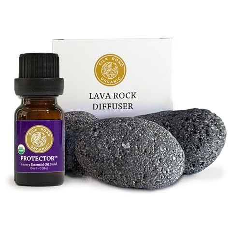 Natural Lava Rock Passive Diffuser & Organic Protector Essential Oil Immunity Blend, Based on Thieves Oil Legend - 100% Natural Volcanic Aromatherapy by Silk Road Organic Cover