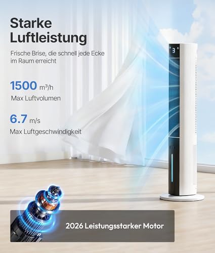 EXNOS Luftkühler mit Wasserkühlung - Turmventilator mit Kühlung Leise, Mobile Klimaanlage ohne Abluftschlauch, 3 Modi-12H Timer-Aroma- Fernbedienung, Weiß-Schwarz