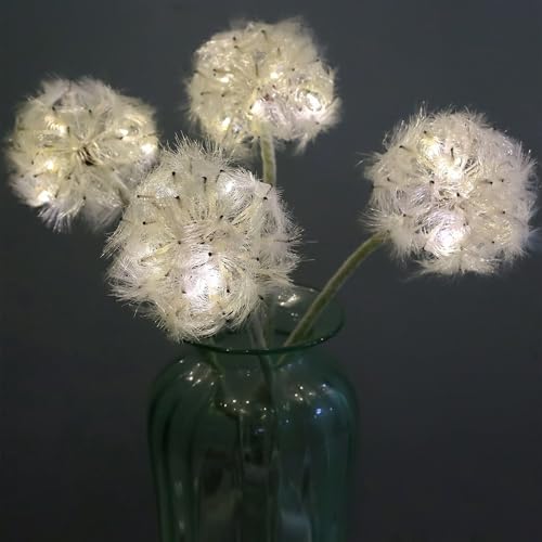 TOPIA Artificial Dandelion Flowers with LED Lights with Timer Faux Dandelion Wish Flowers for Christmas Decoration Home Decoration (4 Pcs)