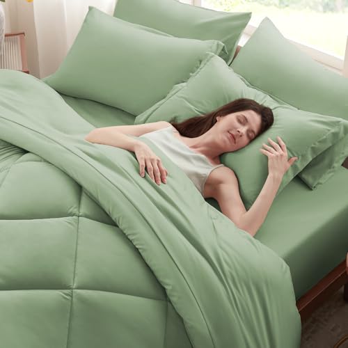 Anluoer Twin Comforter Set,Sage Green Bed in a Bag 5 Piece,Lightweight Bedding Set with Soft Down Alternative Fill,Bed Set Includes Comforter, Fitted Sheet, Flat Sheet,Pillowcase and Sham