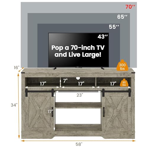 Image of RoyalCraft Farmhouse TV Stand for 23 inch Electric Fireplace, 34'' Tall Entertainment Center for 65+ Inch TV, 34 inch Tall Rustic TV Console with Sliding Bar Door for Living Room (Light Grey)
