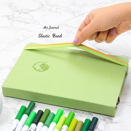 Image of NEORAH - A5 - ART JOURNAL | 200 Gsm Dotgrid Notebook | 160 Pages(21.0 x 14.8 cm) |Hard Cover|3 Bookmarks | Elastic Closure | Back Pocket | Ideal - Bujo,Drawing & Painting,Junk Journal (Light Green)