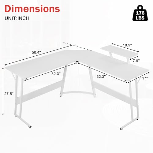 Image of L Shaped Gaming Desk, 50 inch Corner Desk, Spacious Dual Tops, P2 Particleboard, Metal Z-Legs, Adjustable Non-Slip Pads, Scratch /Waterproof, Multi-Use Home Office /Game Room /Dorm