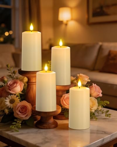 Image of SoulBay Flameless LED Candles, 4-Pack USB Rechargeable, Flickering Waterproof White Pillar Candles with Remote Control Timer for Outdoor Lantern Patio Yard Indoor Holiday Decor, 2.75 x 5.1 Inches