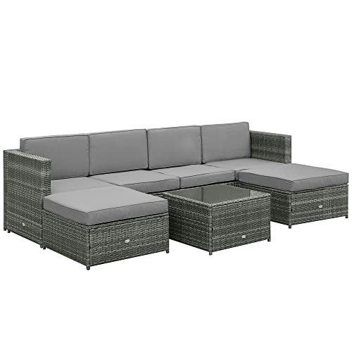 Outsunny Juego de 7 Muebles de Jardín de Ratán y Acero, Salón de Exterior con Mesa, Sillones y Otomana, Gris