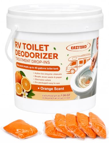 Image of Eazy2hD 50 Packs RV Toilet Treatment, Pre-measured Black Water Holding Tank Deodorizer - Breaks Down Waste & Paper, Drop Ins Porta Potty Chemicals, Prevent clogs & Eliminate Odor for Camper, Orange