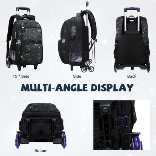Image of PALAY Trolley School Bag Black Starry Sky 6-Wheel Backpack with Detachable Trolley Outdoor Large Capacity Nylon Trolly Backpack Multi-Compartments Waterproof School Bag with Wheels