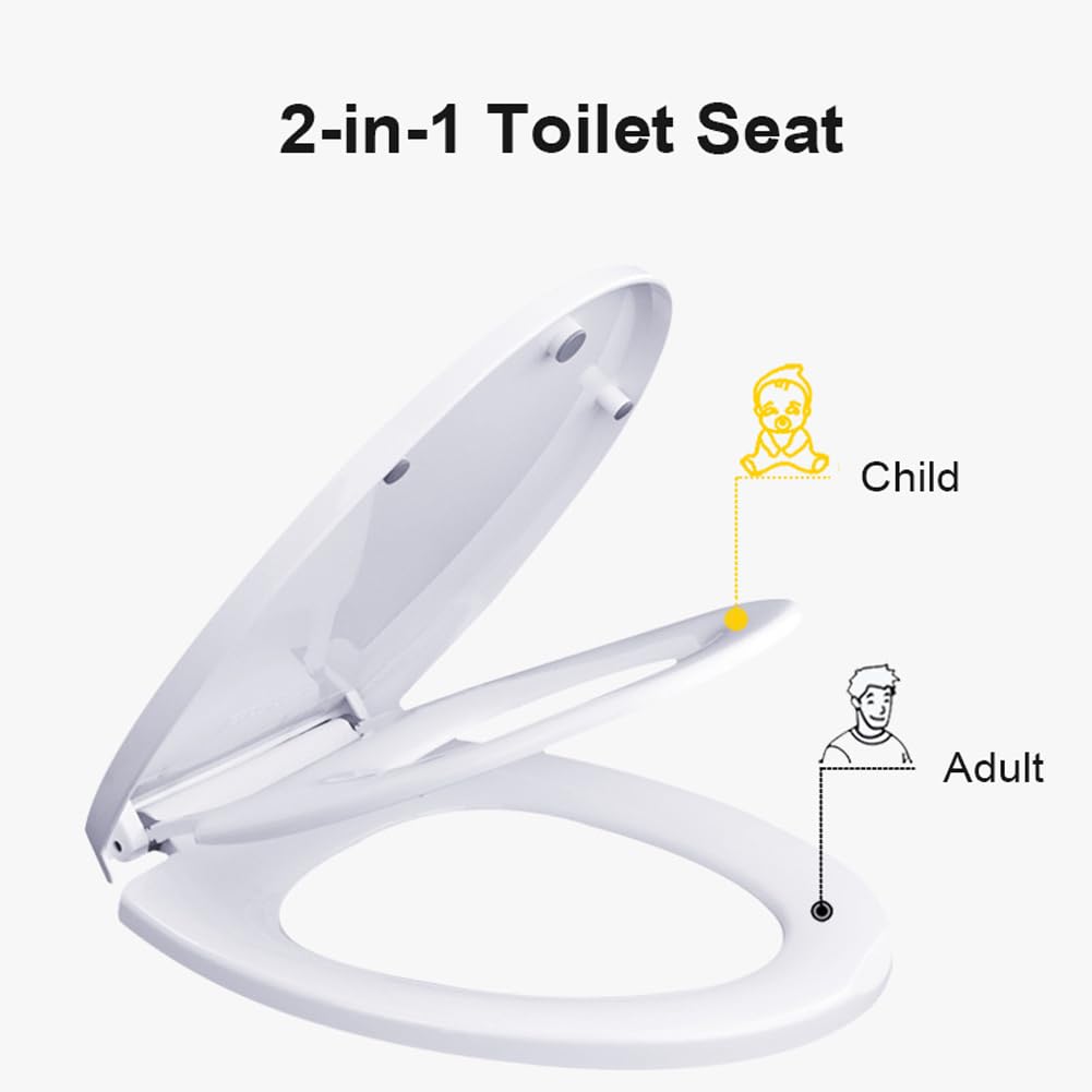 Sedile WC per famiglia con seggiolino rimovibile integrato, chiusura rallentata 2 in 1, sedile WC ovale, a forma di U/V, dimensioni standard (a forma di U)