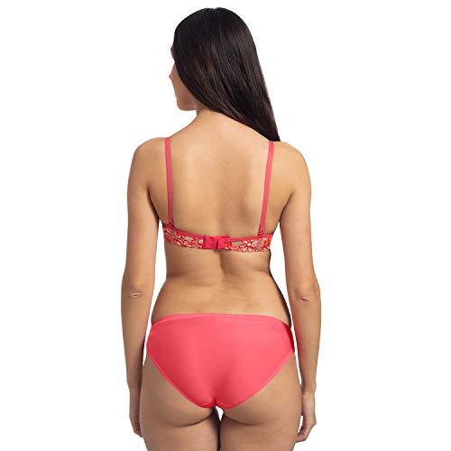 Image of Komli - Bridal Lightly Padded Push-Up Bra and Panty Set - Cotton Rich - Balconette - Seamless, Wireless, 3 /4th Coverage - Embroidered Floral Multicolor Lace on Cups with Halter Straps