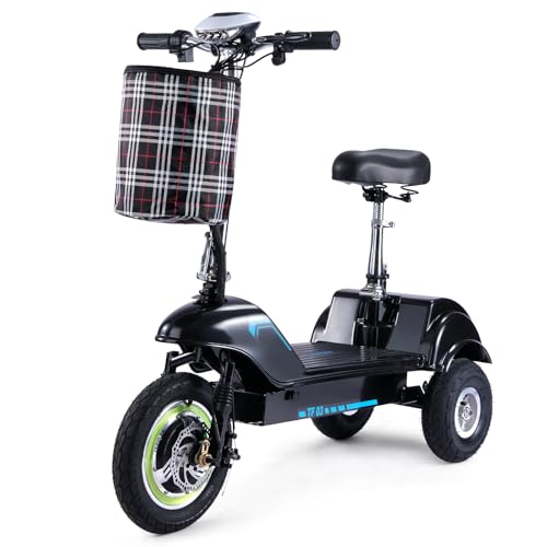 TWOFISH Triciclo Elettrico Pieghevole, Motore da 500W Batteria da 48V 15Ah, Autonomia 38 km Pneumatici da 12/10 Pollici Velocità Massima 25 km/h, Carico 100 kg,TF-03 (Nero e blu)