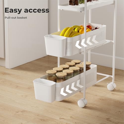 Levede 3-Tier Premium Metal Storage Trolley with Pull-Out Baskets, Narrow Rolling Cart on Wheels for Kitchen, Fruit & Vegetable Organizer, Multifunctional White Shelving Unit - Image 5