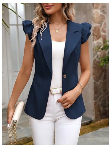WDIRARA Women's Ruffle Cap Sleeve Blazer Jacket Button Lapel Neck Dressy Waistcoat3