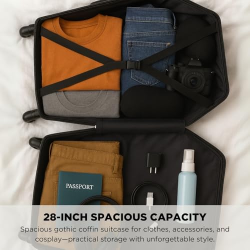 Coffin Suitcase 26.5 Inch Gothic Luggage Black Hard Shell Spinner Carry On with Lock | Unique Horror Casket Travel Case Trolley Bag with Wheels for Halloween, Cosplay, Conventions, Airport Trips4