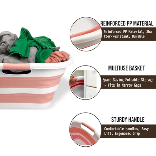 Image of SAMMART 40L (10.5 gallon) Set of 2 Collapsible Plastic Laundry Hamper - Foldable Pop Up Storage Container /Organizer - Portable Washing Tub - Space Saving Basket (2, Steel Gray+Quartz Pink)