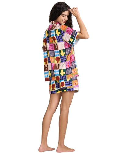 Image of YiNi LuLu Womens Silk Satin Shorts Pajamas Set Button Down 2 Piece Pjs Short Sleeve Oversized Sleepwear with Pockets