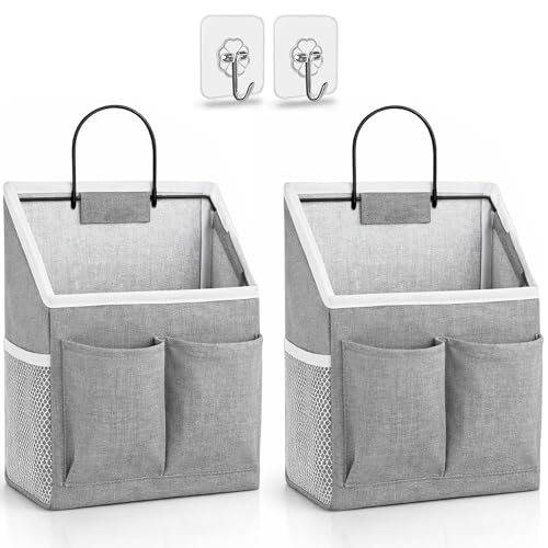 Kanrichu 2pcs Wall Hanging Storage Bag, Wall Hanging Baskets for Organizing as Over the Door Organizer, Wall File Organizer, Rv Storage and Organization. For Bedroom, Office, Camper (Gray-Upgraded)