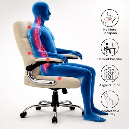 Image of LAKDI Furniture Co Ergonomic High Back Velvet Fabric Office Chair with Adjustable Height & Armrests, Soft Cushion Executive Desk Chair for Home & Office (Beige) | 5 Years Warranty & Free Assembly