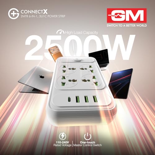 Image of GM G+ ConnectX 6-in-1 Powerstrip with Type-C, 4 Universal Sockets, 3 USB, 2500W, 2M Cable, Master Switch, Surge Protection | Extension Board for Home & Office