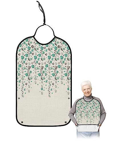 Kewadony Adult Bibs for Elderly Women - Teal Green Grey Florals Waterproof Dining Clothing Protectors with Crumb Catcher for Eating/Feeding, Spring Weeping Flowers Linen Texture Terry Cloth Bib