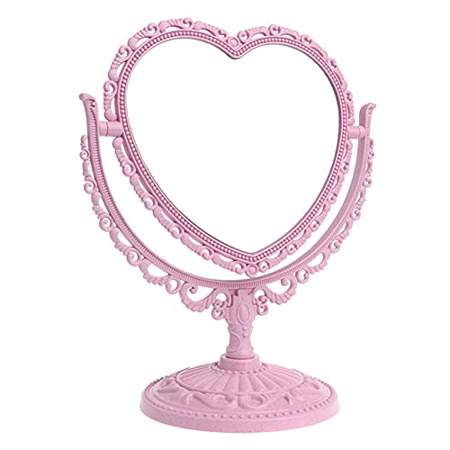 Heart Shaped Mirror Rotatable Makeup Mirror Double Sided Vanity Mirror Swivel Cosmetic Mirror Stand Desktop Plastic Mirror Countertop Vanity Mirrors for Girls in Bathroom or Bedroom - Pink