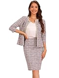 Allegra K Women's 2 Piece Tweed Skirt Set Suit 3/4 Sleeve Jacket Pencil Skirt Elegant Business Suits for Women Medium Pink
