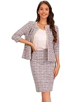 Allegra K Damen 2-teiliger Tweed Business Anzug mit Button-Down 3/4-Ärmeln Jacke Bleistiftrock Elegantes Rock-Set Rosa S