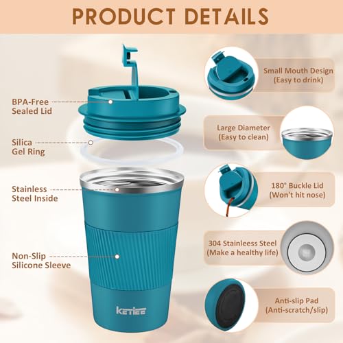KETIEE Kaffeebecher to go,380ml Thermobecher Kaffee-to-go,Kaffeebecher Thermo,Doppelwandig Reisebecher Travel Mug,Vakuum Isolierbecher mit auslaufsicherem Deckel für Kaffee und Tee,Blau 2
