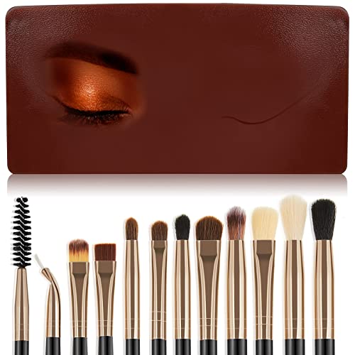 Flutesan Makeup Practice Board Silicone Makeup Practice Face Eye Bionic Skin Makeup Board with 12 Pcs Eyeshadow Brush (Fresh Style), Gold