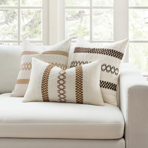 Image of MIULEE Set of 2 Coco Brown Boho Decorative Pillow Covers 18x18 Inch | Farmhouse Couch Throw Pillows Modern Spring Cotton Cushion Covers Macrame Woven Home Decor for Bed Sofa Chair