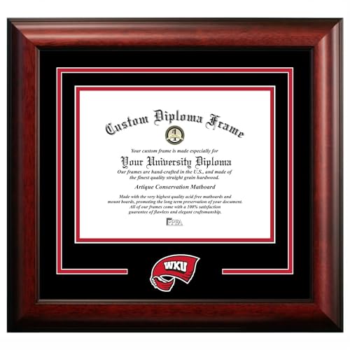 Campus Images Western Kentucky University Diploma Frame 8.5 x 11 – Satin Mahogany with Printed Western Kentucky Hilltopper Logo – Black & Red Mats – Official Graduation Certificate Display