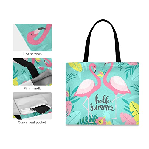 Turquoise Tropical Palm Leaves Two Pink Flamingos Hello Summer Women Large Casual Handbag Grocery Reusable Tote Bag Canvas Shoulder Bags for Shopping Travel Outdoors4