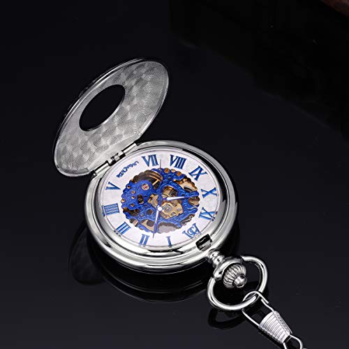 Image of ManChDa Mechanical Roman Numerals Dial Skeleton Pocket Watches with Luxury Wooden Box and Chains for Mens Women