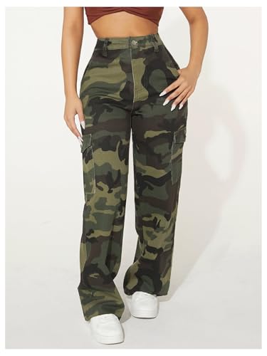WDIRARA Women's Petite Camo Print Jeans High Waisted Flap Pocket Straight Leg Denim Pants Streetwear2