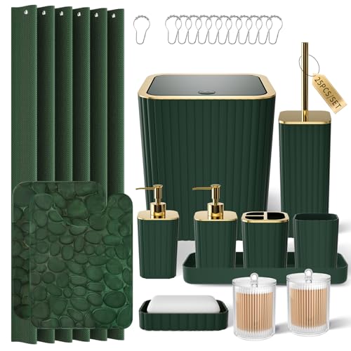 XLHOMO Bathroom Accessory Set - 25PC Green Bathroom Sets Bathroom Set with Shower Curtain and Rugs Dark Green Shower Curtain Set Trash Can Qtip Holder & Soap Dispenser