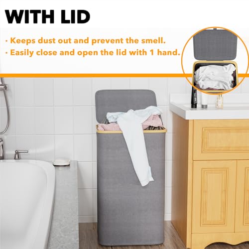 SpaceAid Laundry Hamper with Lid, 110L Large Tall Clothes Basket Bin with Bamboo Handles, Collapsible Laundry Hamper for Bedroom, Bathroom, Dorm, Laundry Room - Grey