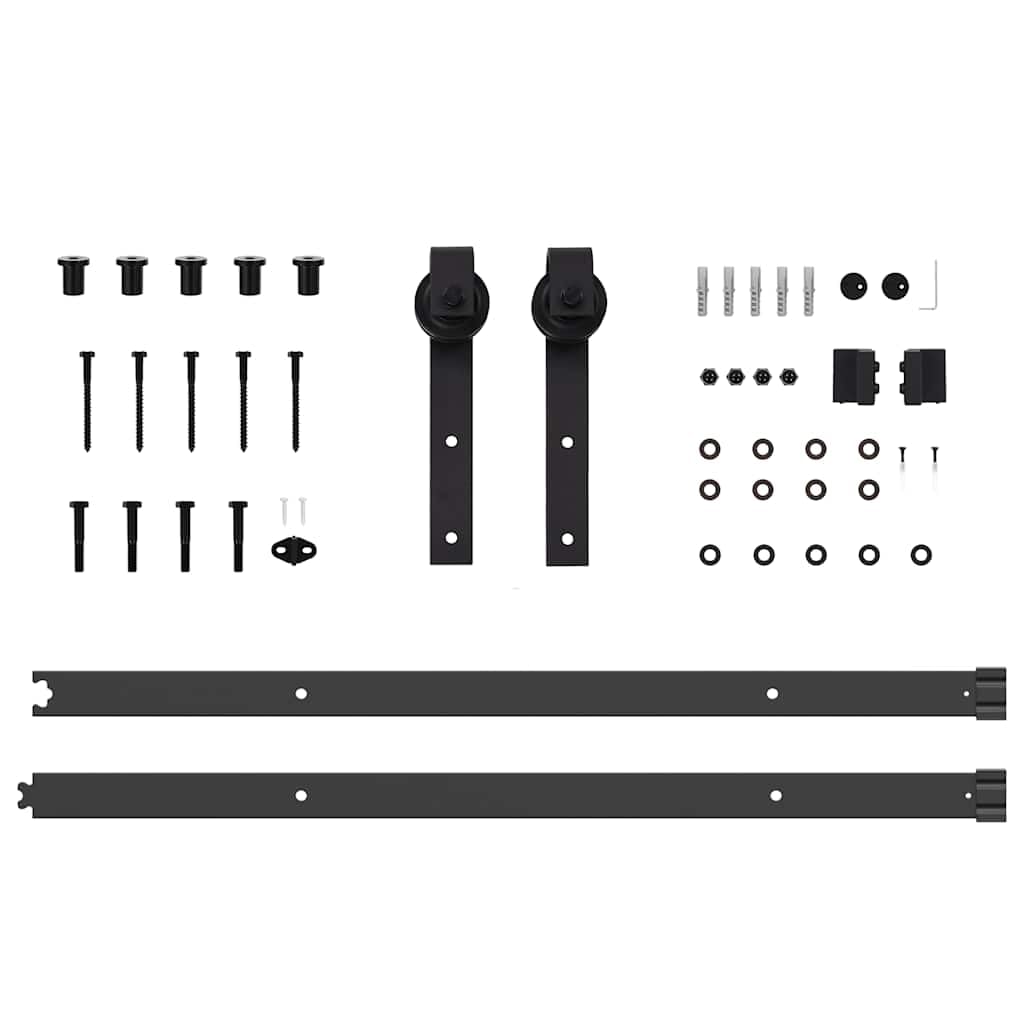 Juego de herrajes para puerta corredera de 213,5 cm de acero con recubrimiento en polvo negro con tope de puerta, ruedas y guía de suelo, para puertas de 35 a 45 mm de grosor, soporta hasta
