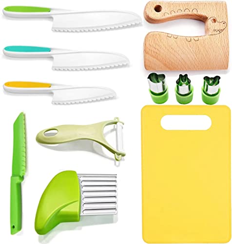 Image of 11 Pieces Wooden Kids Kitchen Knife, Kids Knife Set Include 4 Toddler Knives with Serrated Edges, 1*Cutting Boards, 1*Crinkle Cutter, 1*Y Peeler,3* fruit cutters shapes and 1*Wooden Safe Knife