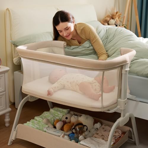 Image of HARPPA Cuddly Lite Bassinet, 2 in 1 Baby Bassinet with Breathable Mesh and Mattress, 6 Height Adjustable, Bedside Sleeper with Anchor Strap, Storage Basket and Wheels, Beige