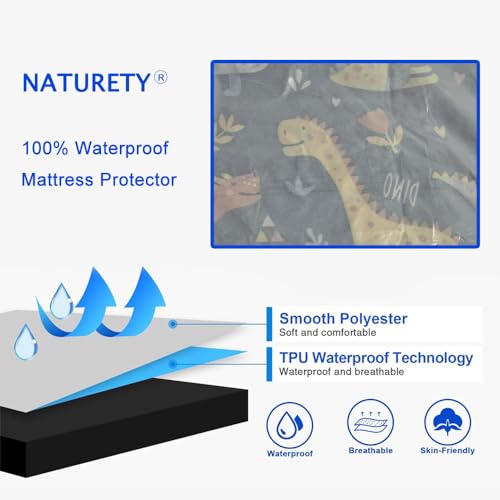 Image of TPU Backing Waterproof Fitted Sheet with Deep Pocket,Dino Printed Thicken Fabric Bed Sheets (Navy Blue(Waterproof), Twin)