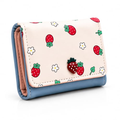 Image of Valerie Wallets for Women Leather Cute RFID Blocking Small Bifold Wallet with Zipper Coin Purse for Girls and Ladies Women's Wallet (Strawberry Blue)