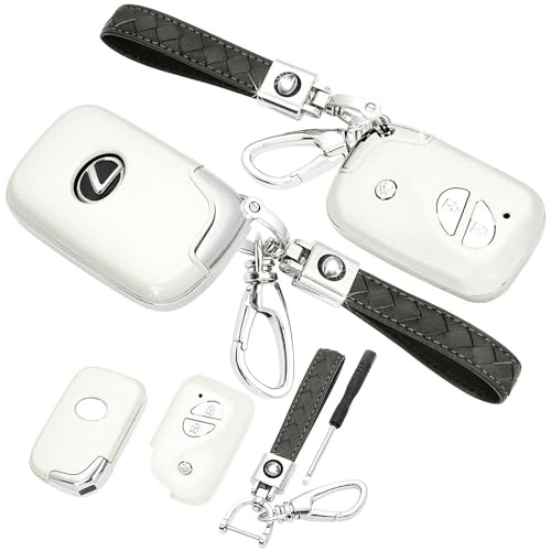 レクサス車用 互換品 タイプ1L WH パールホワイト&メッキ スマートキー ハードカバー キーケース&エンブレム付 牛革キーホルダー LS GS HS IS CT