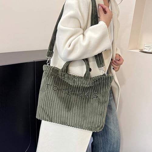 Image of Kawn Korean Tote Bag Aesthetic Corduroy Canvas Handbag for Women Zipper Casual Large Capacity Shoulder Bag with Pockets Versatile Everyday use for College Work Travel & Shopping